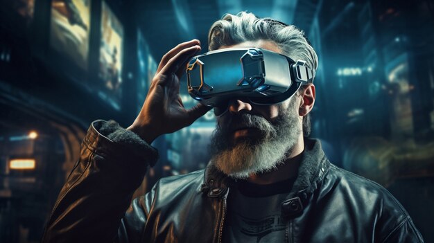 Дедушка в очках виртуальной реальности в футуристическом городе
