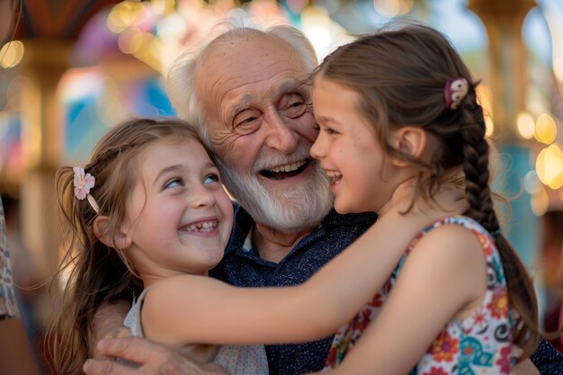 Grandparent's day celebration scene with grandparents and grandchildren showcasing a happy family