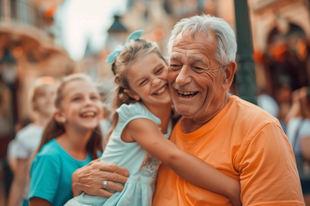 Grandparent's day celebration scene with grandparents and grandchildren showcasing a happy family