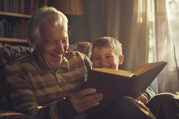 Grandparent's day celebration scene with grandparents and grandchildren showcasing a happy family