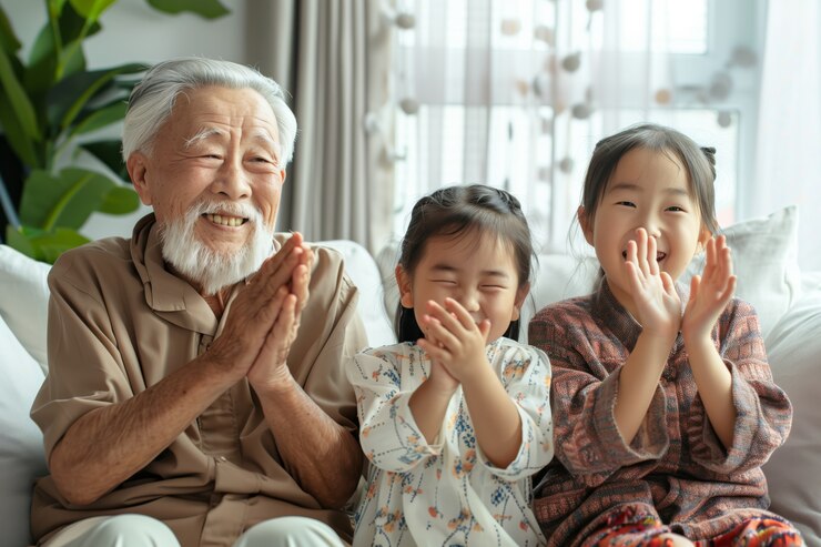 무료 Photo 할아버지, 할머니, 손자, 손녀와 함께 행복한 가족을 보여주는 할아버지의 날 축하 장면