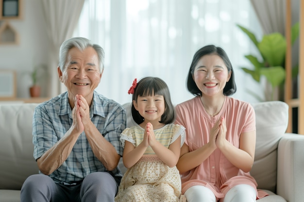 할아버지, 할머니, 손자, 손녀와 함께 행복한 가족을 보여주는 할아버지의 날 축하 장면