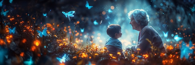 Free photo grandparent spending time their grandchildren in magical and fantasy environment