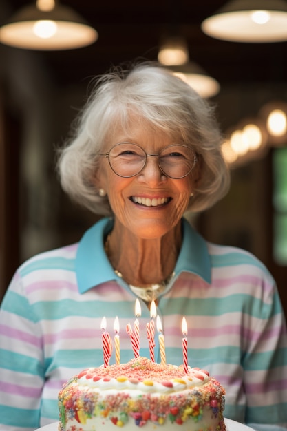 Foto gratuita nonna che tiene una deliziosa torta di compleanno