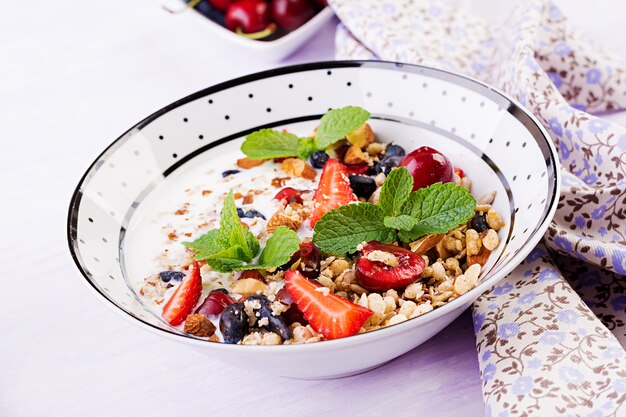 Granola, strawberries, cherry, honeysuckle berry, nuts and yogurt in a bowl