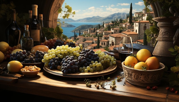 Виноградные фрукты на столе, природная свежесть в деревянной бутылке вина, созданная искусственным интеллектом