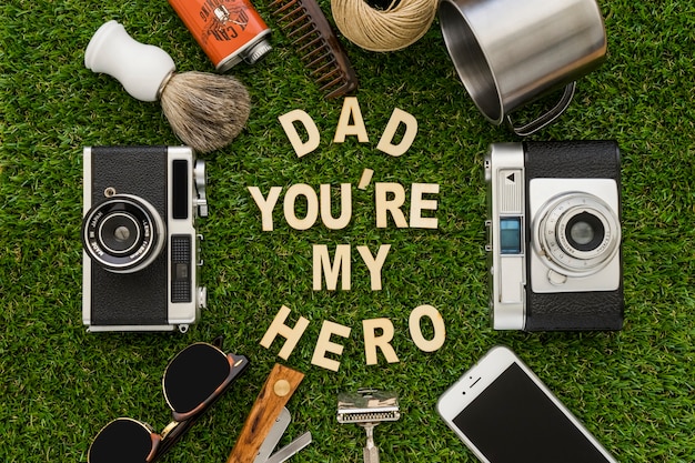 Grass surface with decorative objects for father's day