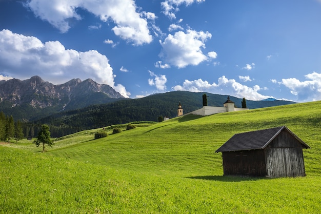Grassy field with a wooden house and a forested mountain in the distance