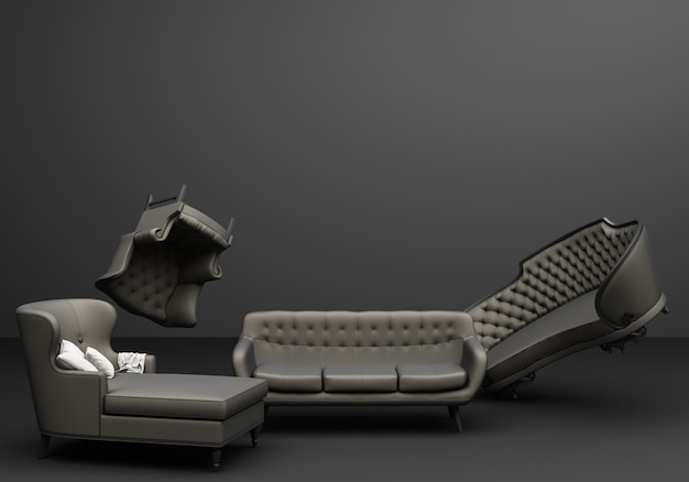 Серая мебель классический диван кресло забавная композиция на черном фоне 3d-рендеринга