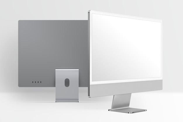 디자인 공간이 있는 회색 최소 컴퓨터 데스크탑 화면 디지털 장치