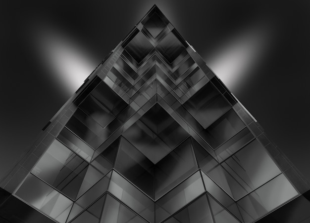 Низкий угол серого снимка стеклянного здания в форме пирамиды