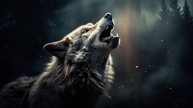 Free photo a gray wolf howls at the moon in a snowy forest