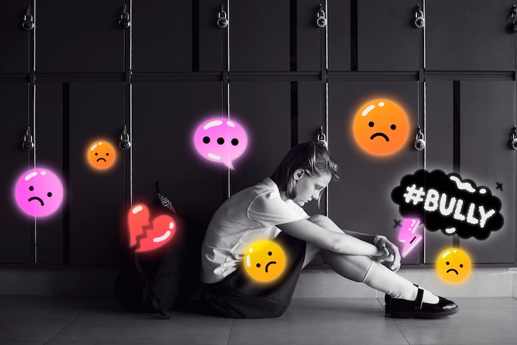 Free Photo grayscale sad girl being cyberbullied on social media