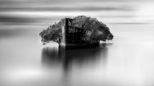 Grayscale shot of an abandoned area in the open sea