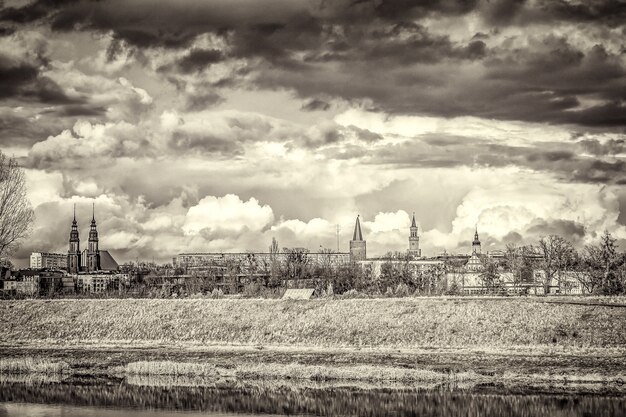 Grayscale shot of buildings in the distance under a cloudy sky