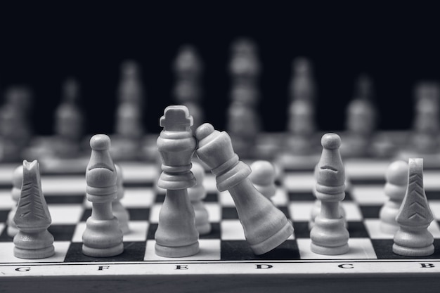 Grayscale shot of chess set on the chessboard