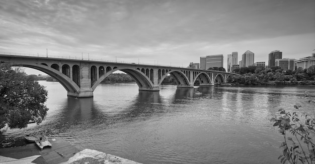 Grayscale shot of Key Bridge in Washington, USA