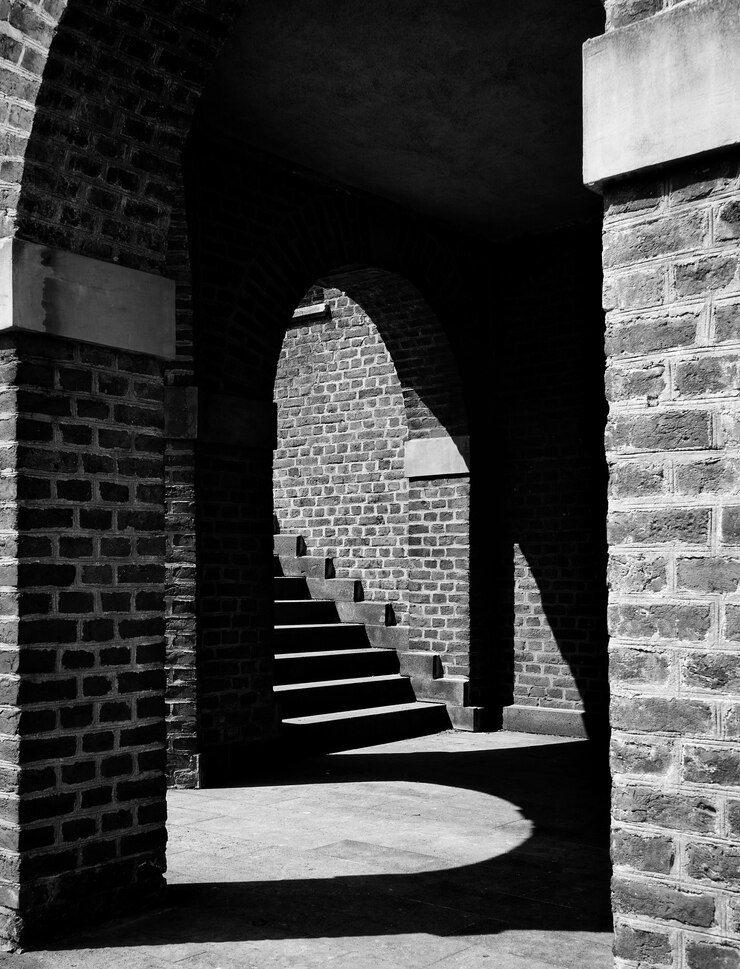 Free Photo grayscale shot of a stairway with a brick wall building