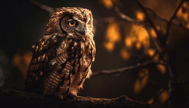 Great horned owl perched on snowy branch generated by AI