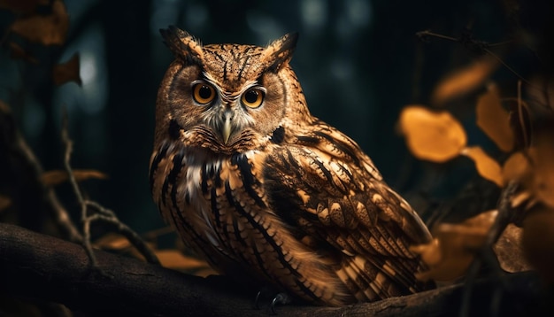 Free photo great horned owl perching on tree branch generated by ai