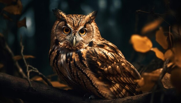 Great horned owl perching on tree branch generated by AI