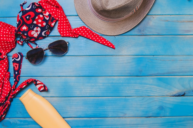 Great summer composition with objects on wooden surface