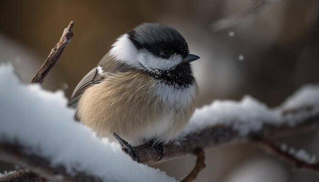 Great tit perching on snowy branch close up generative AI