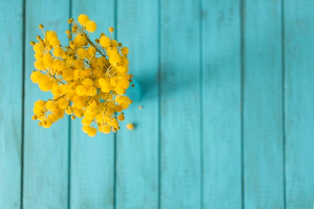 青色の厚板の背景を持つ偉大な黄色い花
