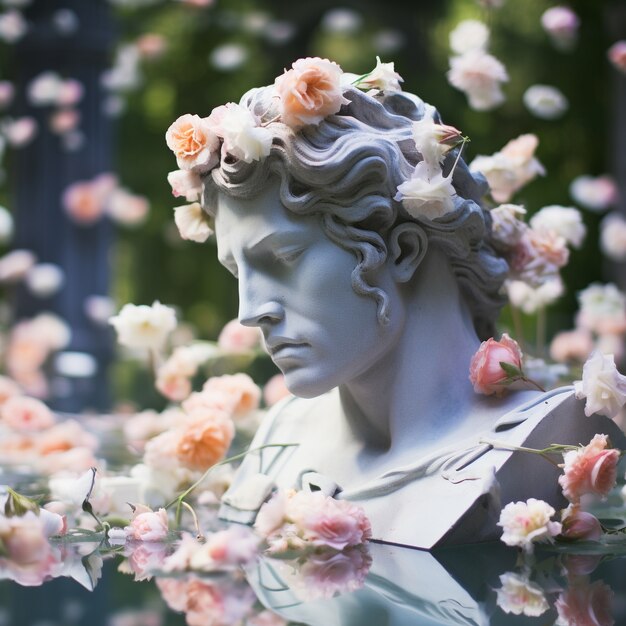 花に囲まれたギリシャの胸像
