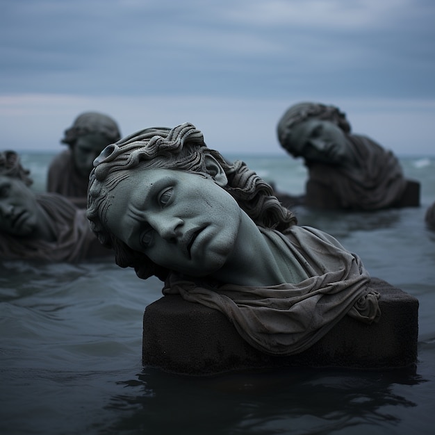 Free photo greek busts floating on water