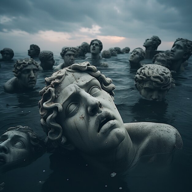 Greek busts floating in water