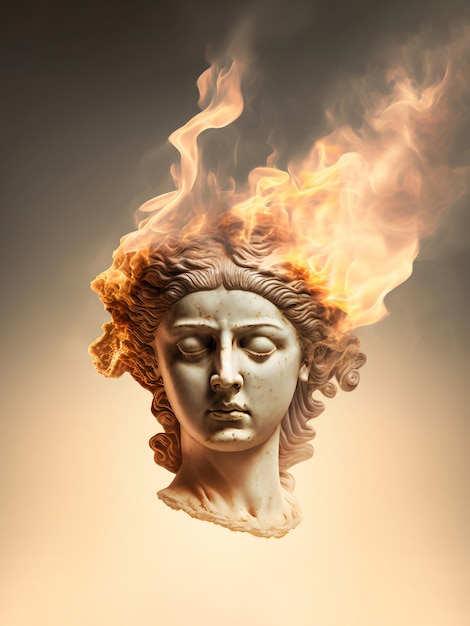Greek goddess head with fire