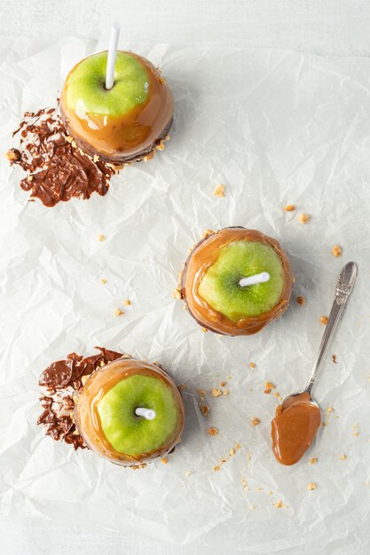 Green apple fruit on white table