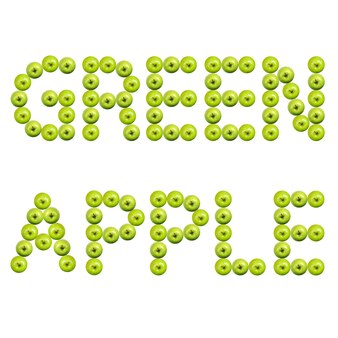 흰색 배경에 고립 된 모양 단어에 녹색 사과