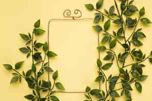 Free photo green artificial leaves near the empty frame on yellow backdrop