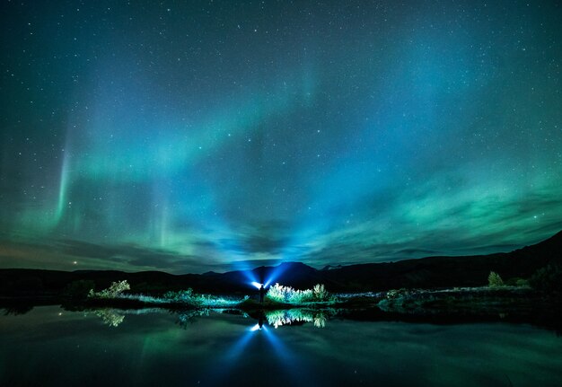 Green Aurora lights above body of water