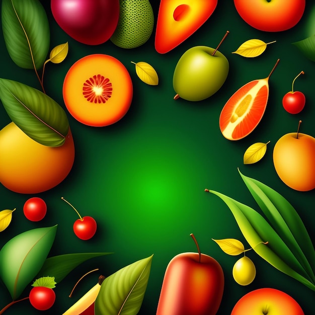 Free photo a green background with fruits and leaves that says fruit