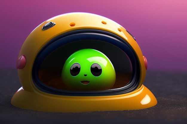 A green ball with a face is in a helmet.