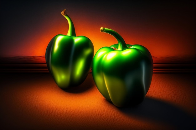 A green bell pepper sits on a red surface.