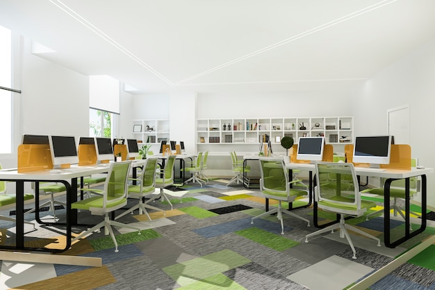 本棚のあるオフィスビルの緑のビジネス会議と作業室