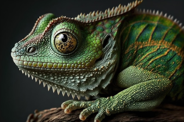 Green chameleon closeup on a branch Animal portrait