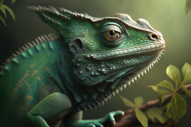 Green chameleon in the forest Closeup portrait
