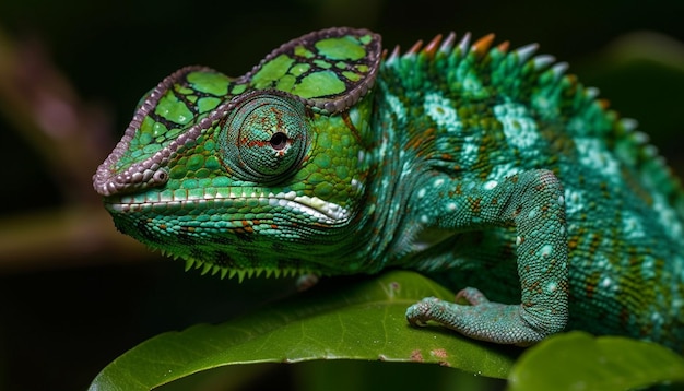 A green chameleon sits on a leaf.