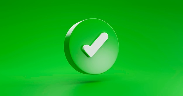 Знак значка "Зеленая галочка" правильный или правильный одобряет или концепция и подтверждает иллюстрацию, выделенную на зеленом фоне 3D рендеринга