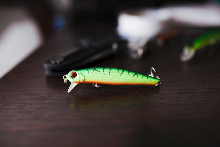 無料Photo 木製の机の上に緑色の釣りフック
