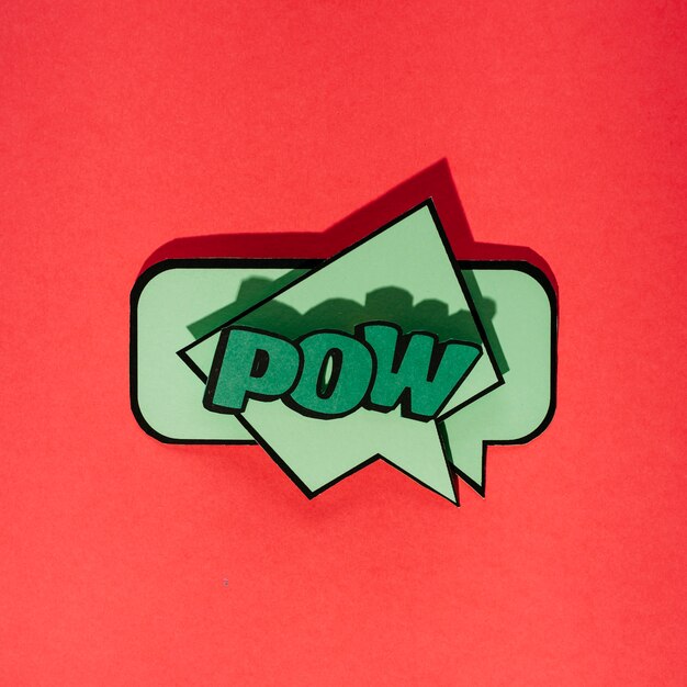 Green comic speech bubble with expression text pow on red background