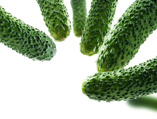 Green cucumbers levitate on a white background