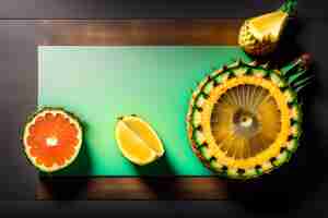 Foto gratuita un tagliere verde con diversi tipi di frutta tra cui un ananas tagliato e un'arancia tagliata