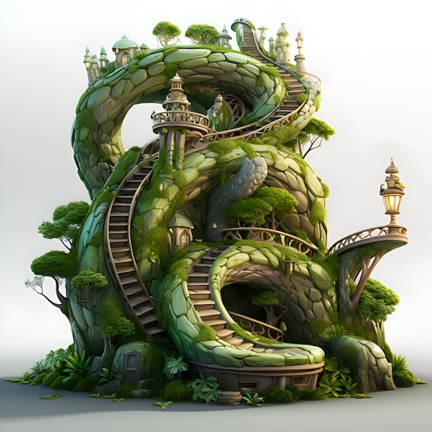 Free photo green fantasy castle with stairs in the garden 3d render illustration