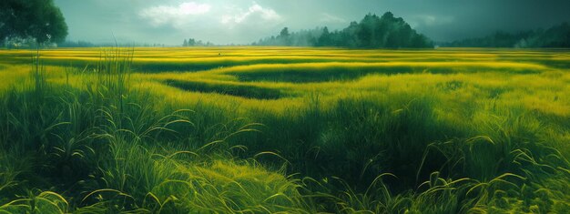 Green field tree and blue sky great as a background web banner generative ai